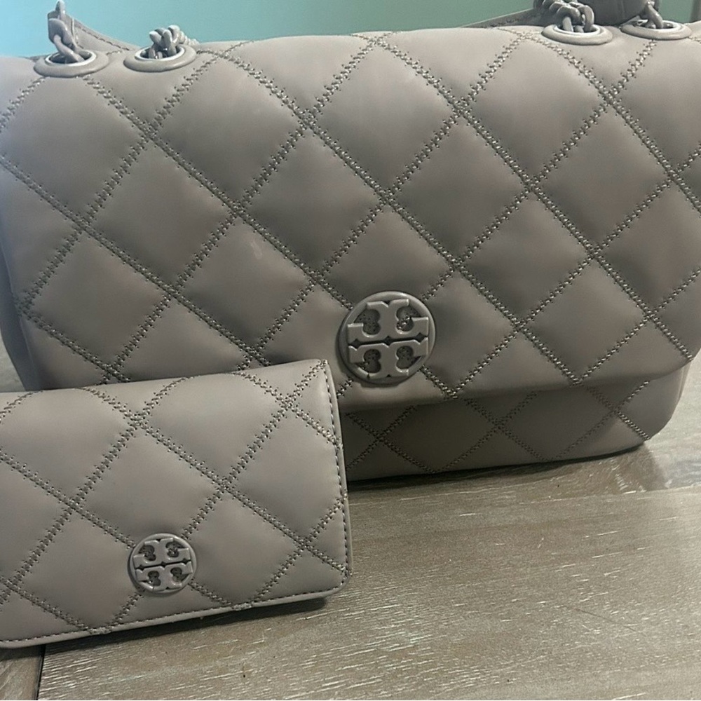 Tory Burch Quilted Gray Shoulder Bag with Matching Wallet Set